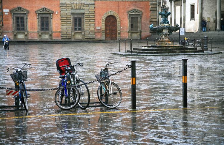 bicycles parked in the rain