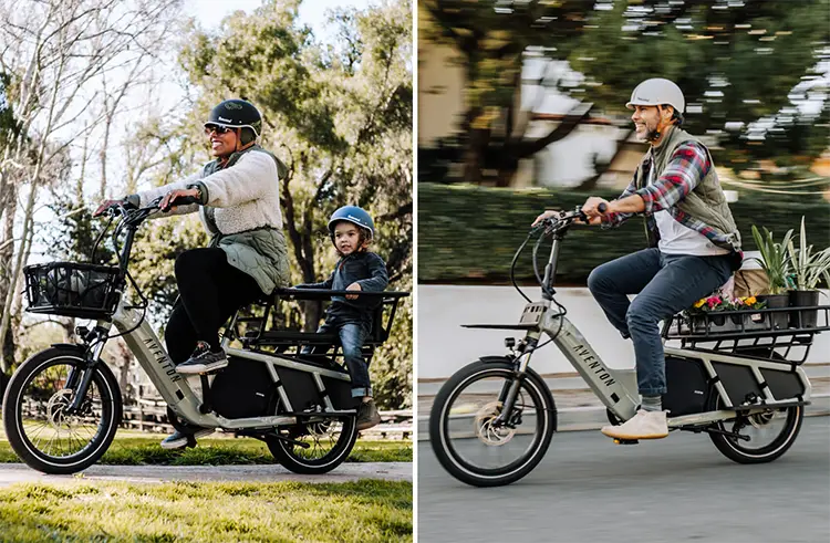 two images of man and woman riding aventon abound