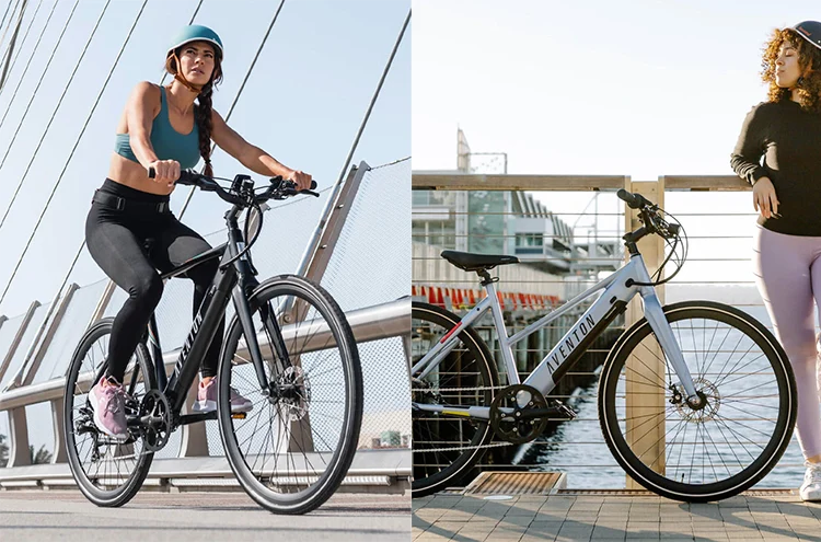 two photos of aventon aventure ebike with women riders