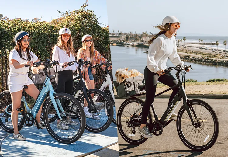 women riding aventon pace 500.3 electric bike