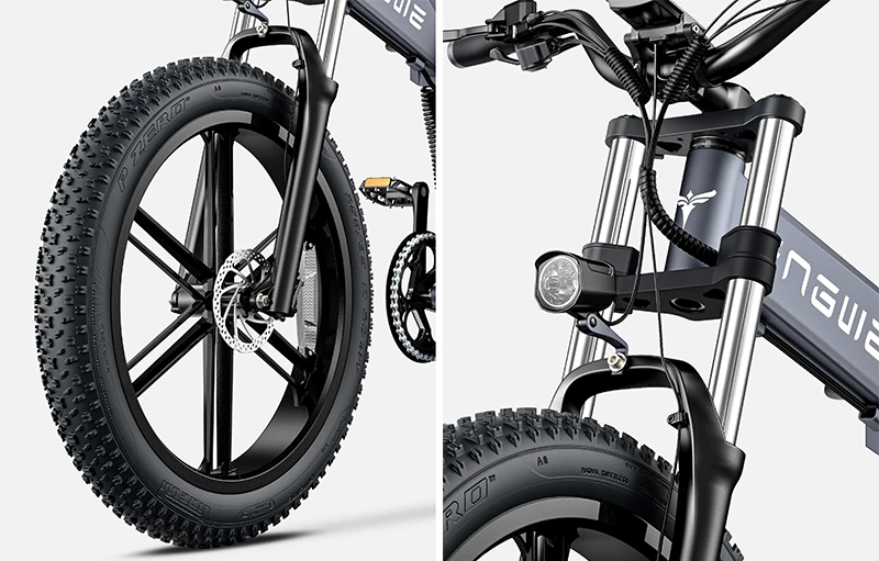 closeup of engwe x26 ebike's brakes and suspension