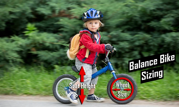child riding balance bike with sizing guides