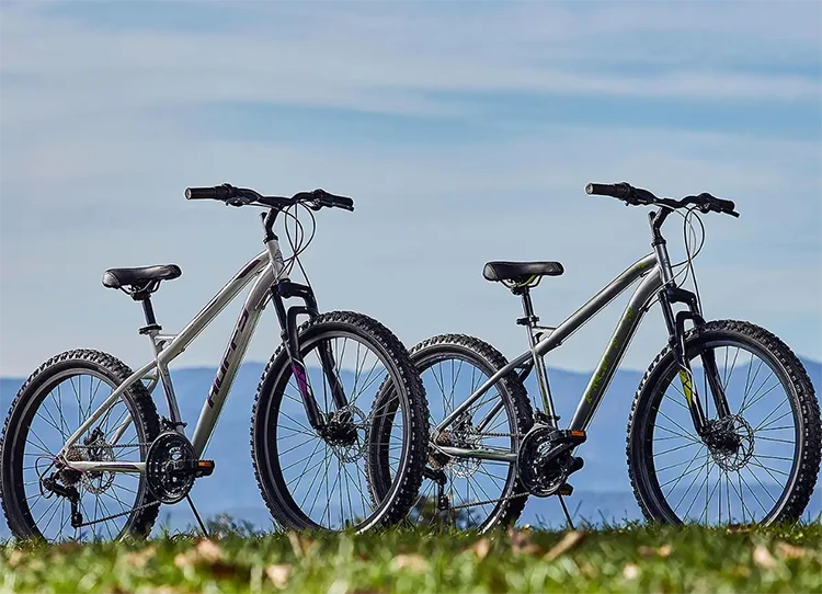 two huffy electric bikes in nature