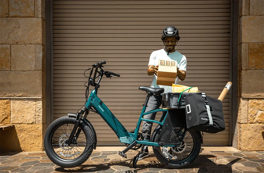 velotric go 1 electric bike equipped with accessories and loaded with cargo