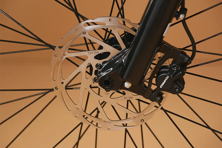 a closeup of tektro hydraulic disc brakes on the Radster ebike